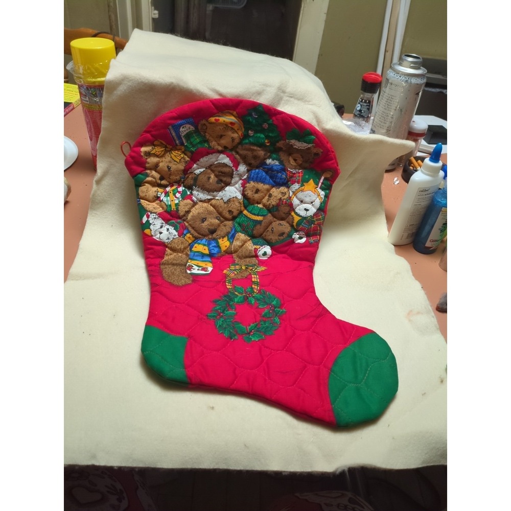Vintage Cranston Teddy Bear Christmas Stocking Quilted Hand Sewn
